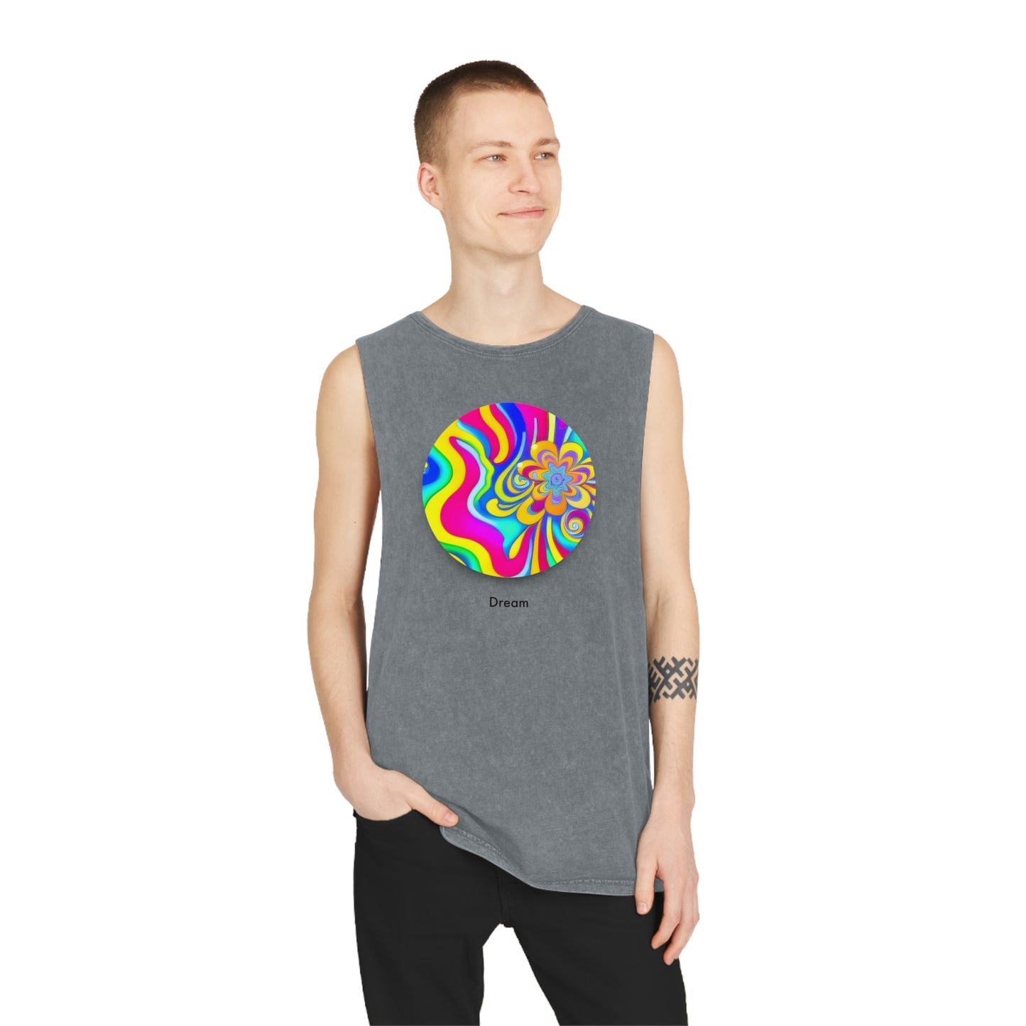 Cosmic Reveries: Unisex Stonewash Tank Top with AI-Designed Abstract Dream Circle
