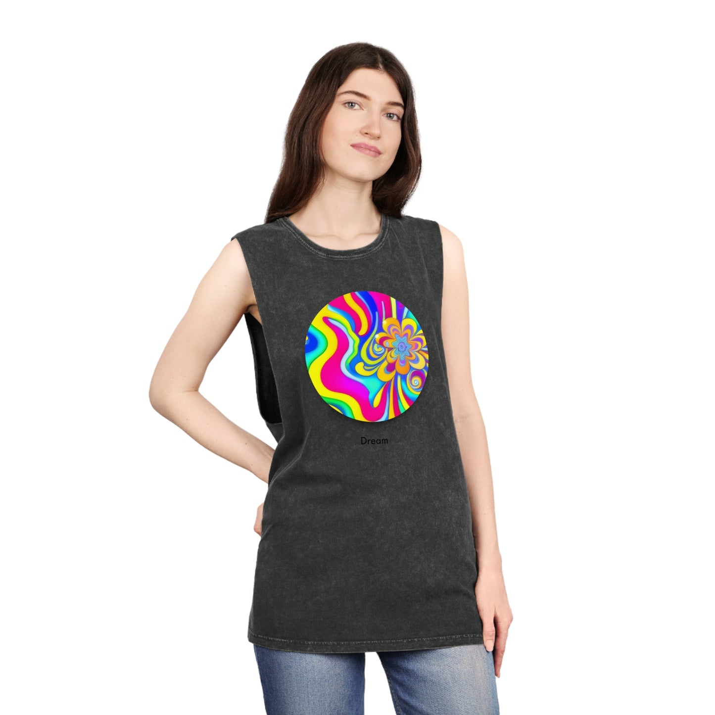 Cosmic Reveries: Unisex Stonewash Tank Top with AI-Designed Abstract Dream Circle