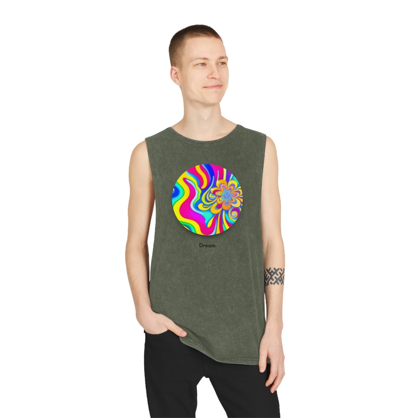 Cosmic Reveries: Unisex Stonewash Tank Top with AI-Designed Abstract Dream Circle