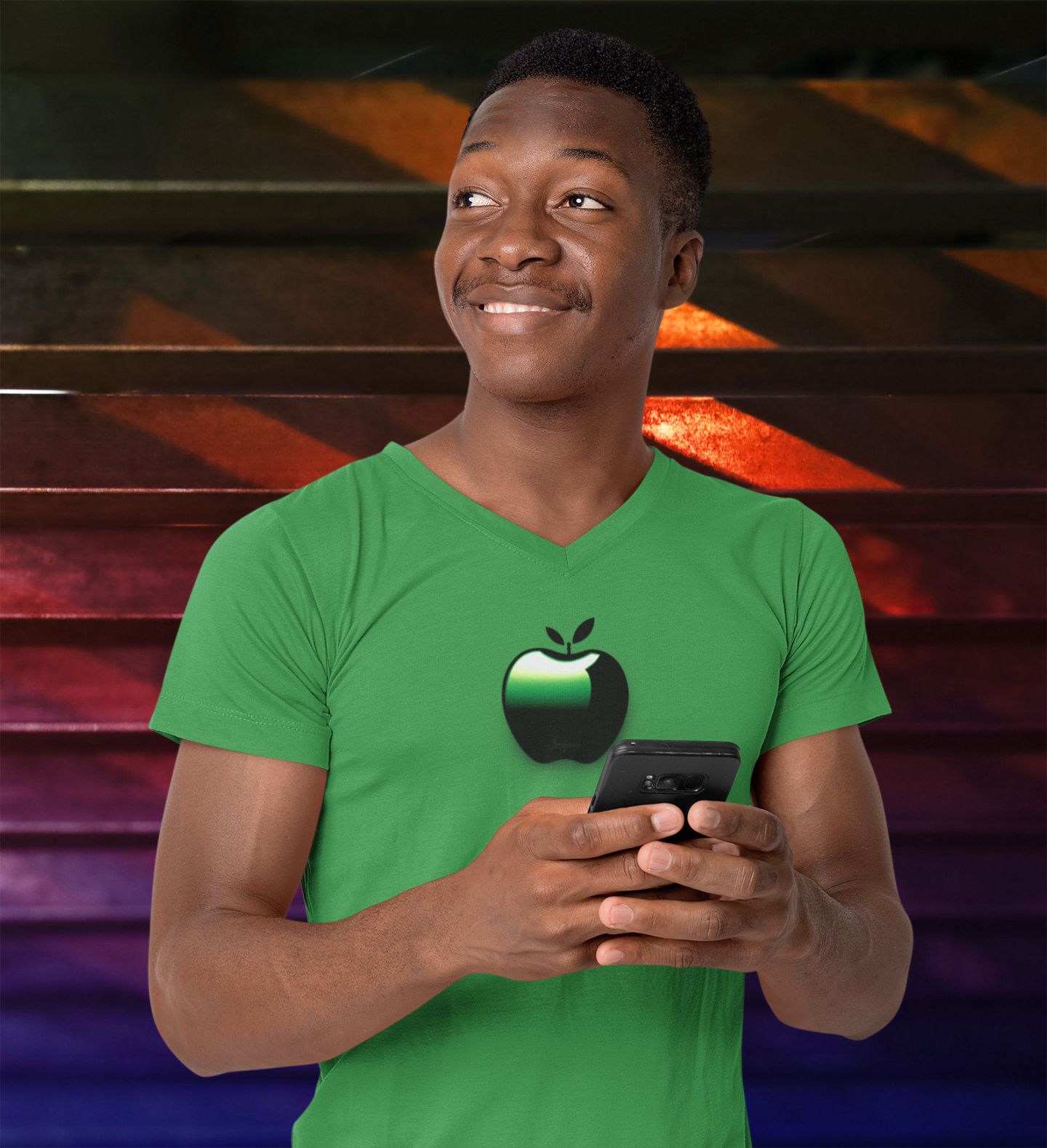 Men's Fitted V-Neck Tee - Inspire Collection: Metallic Apple Elegance