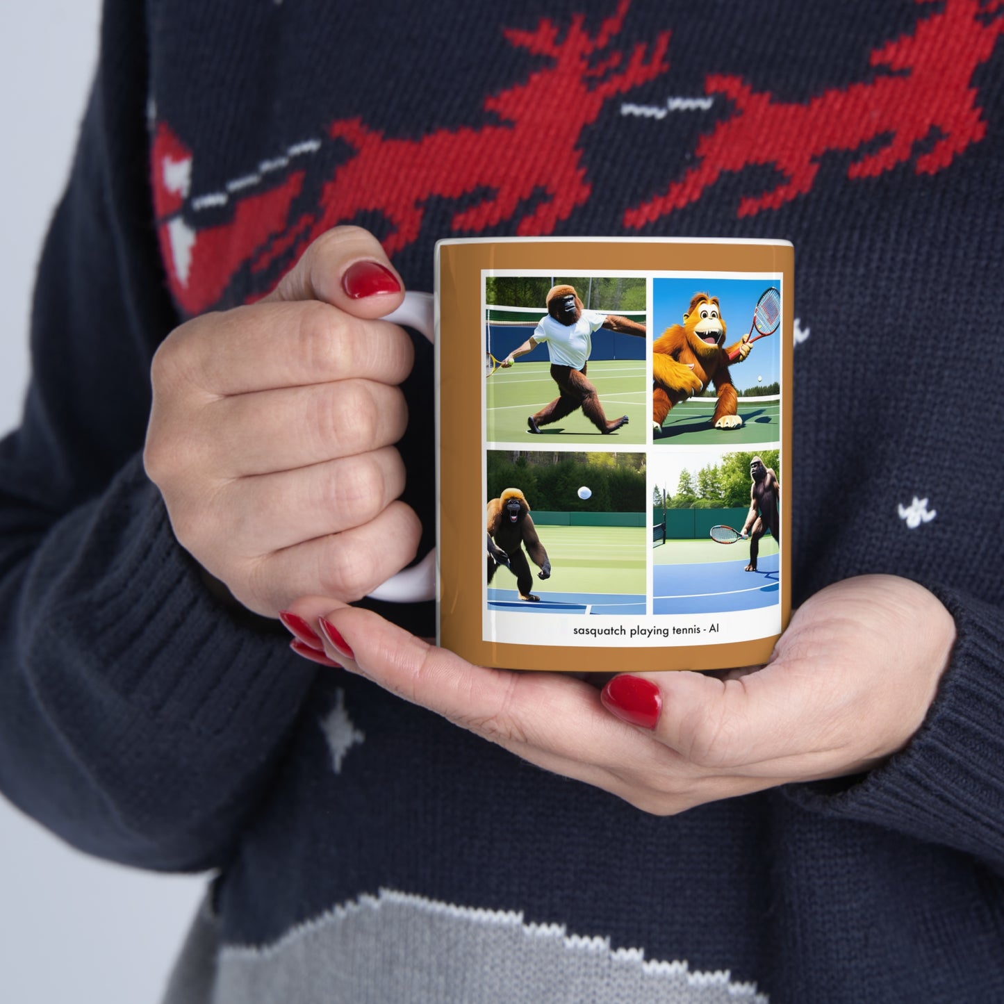 Coffee Mug - sasquatch playing tennis - AI
