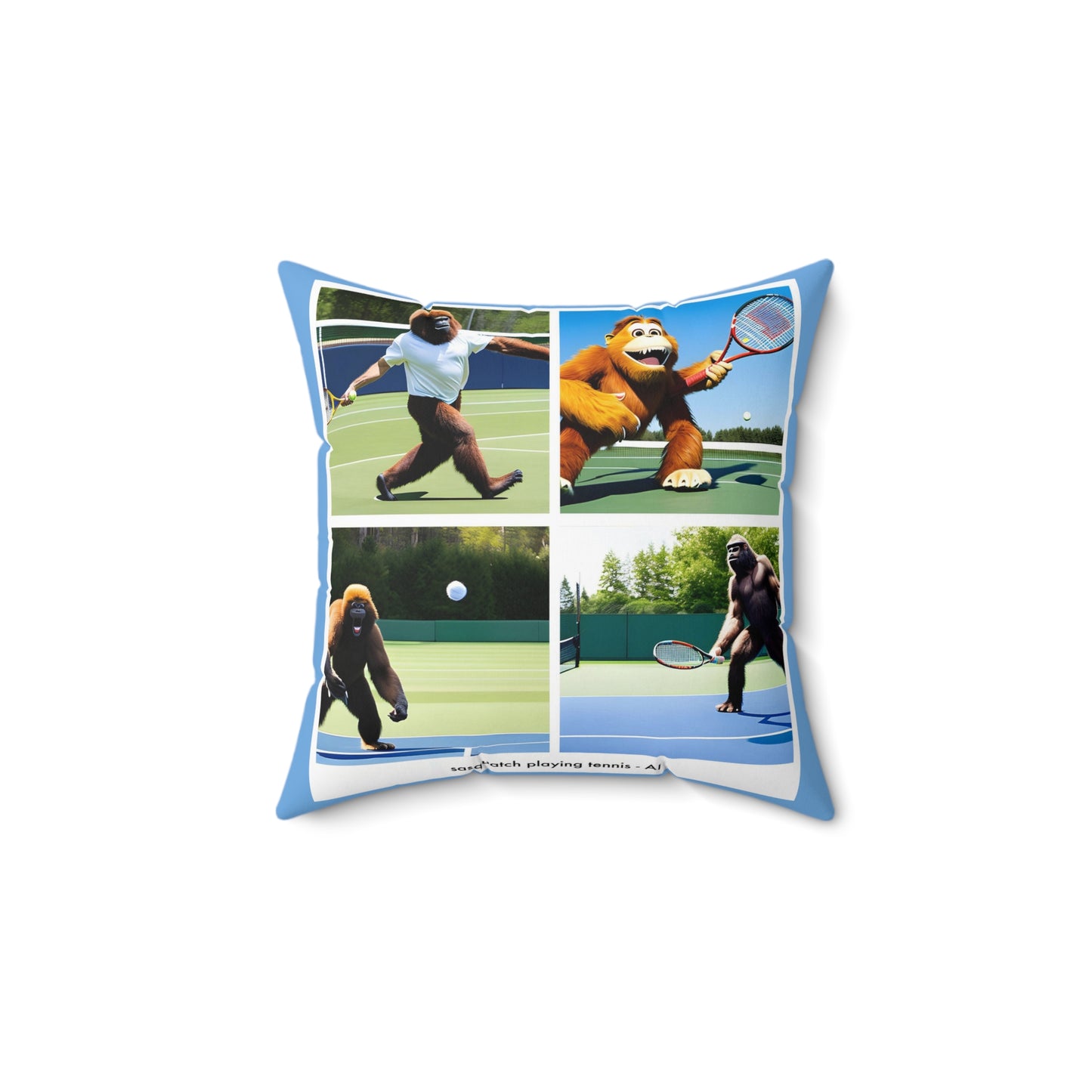 Square Pillow - sasquatch playing tennis - AI