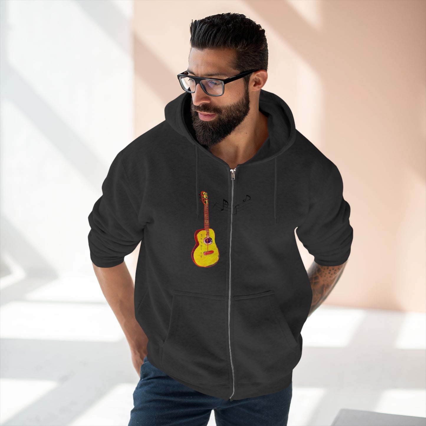 Notes of Inspiration: Unisex Guitar Watercolor Full Zip Hoodie