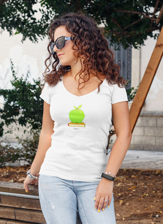 Green Apple Charm V-Neck Tee - Embrace the Power of Inspiration