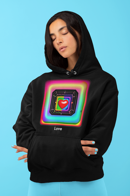 Psychedelic Love: Unisex Abstract Techno Heart Hooded Sweatshirt