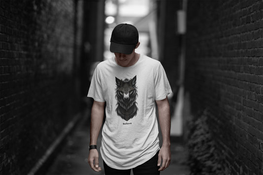 Embrace the Wild: Men's 'Believe' Jersey Curved Hem Tee