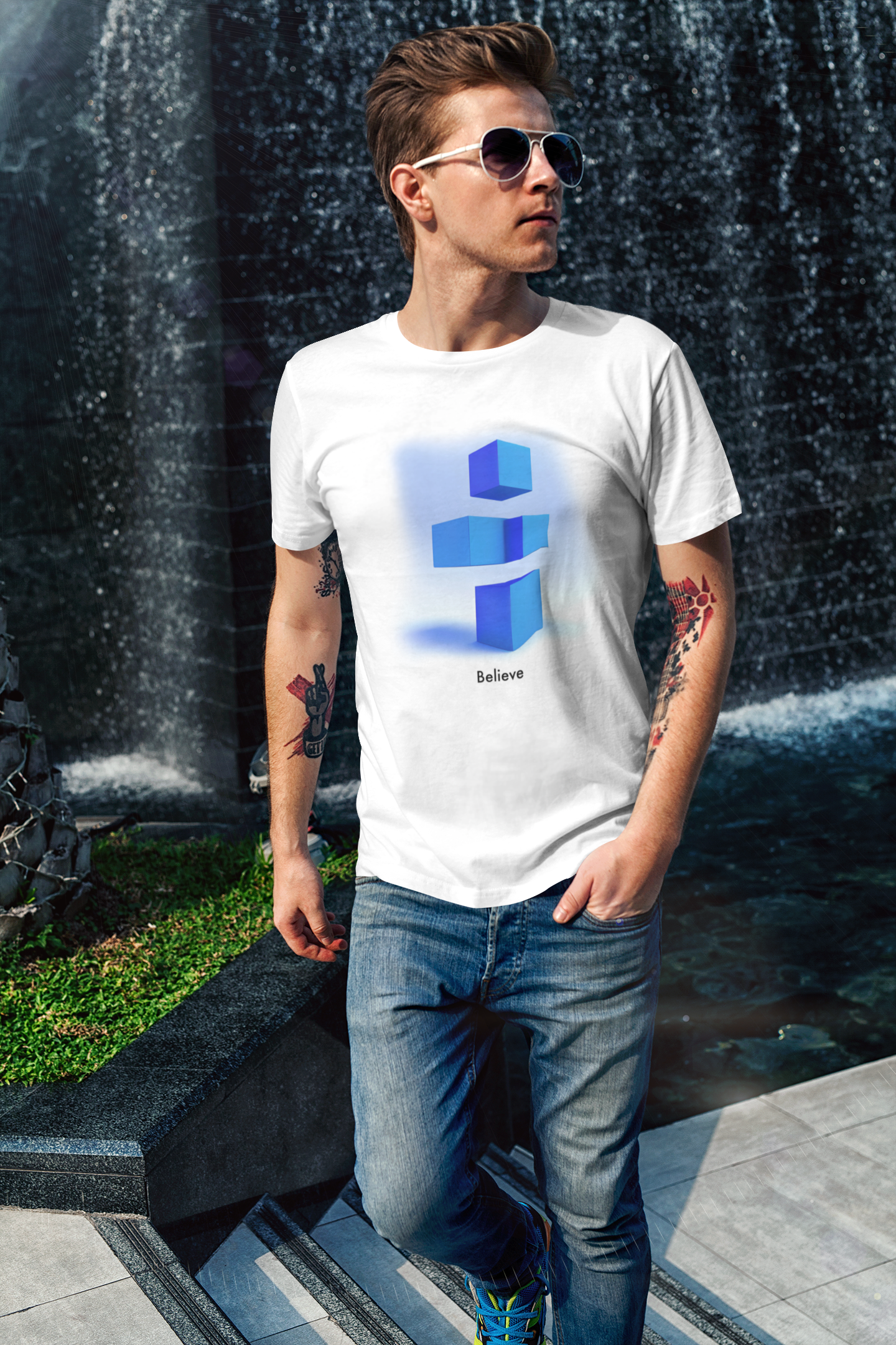 Believe in Blue: Abstract 3D Blocks Unisex T-Shirt