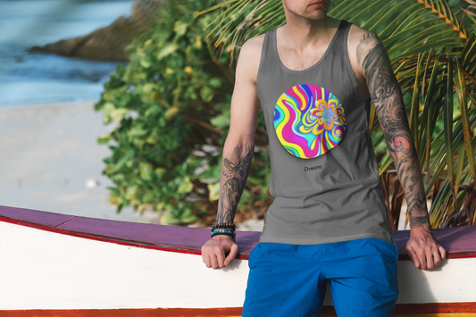 Cosmic Reveries: Unisex Stonewash Tank Top with AI-Designed Abstract Dream Circle