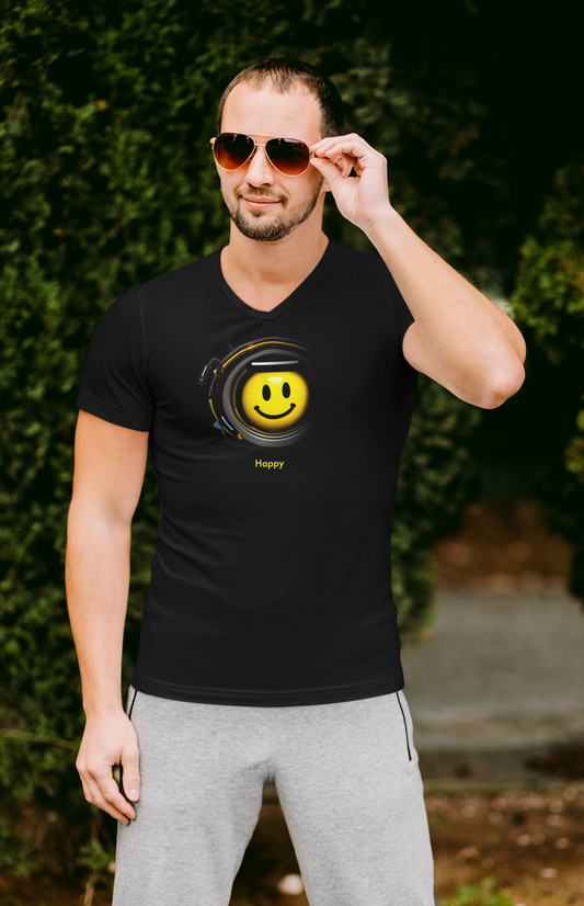 Embrace Joy: Trendy V-Neck Tee with Happy Face