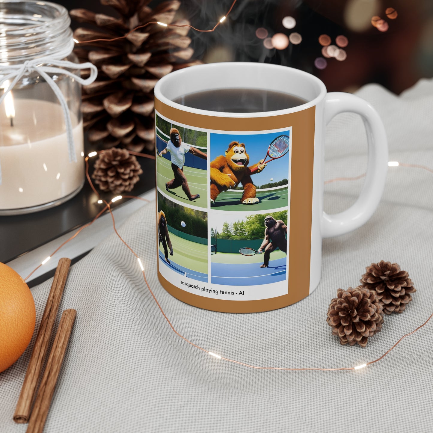 Coffee Mug - sasquatch playing tennis - AI