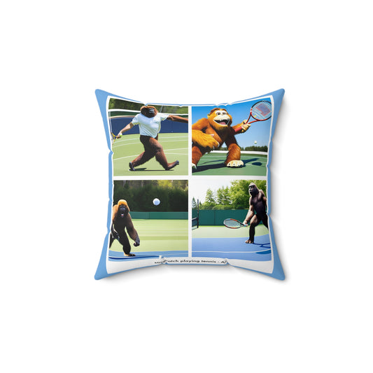 Square Pillow - sasquatch playing tennis - AI